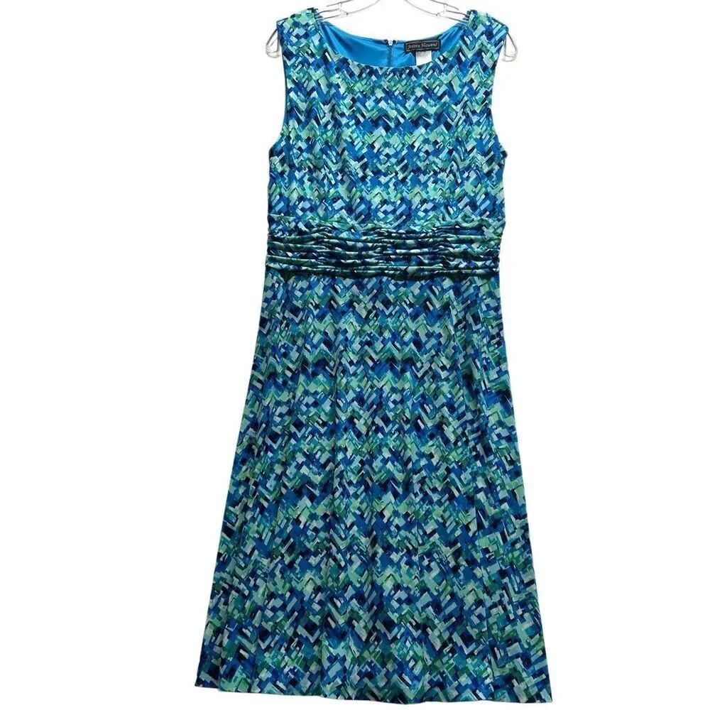 Jessica Howard Sleeveless Geometric Print Midi Dress Blue Green Ruched Waist Siz